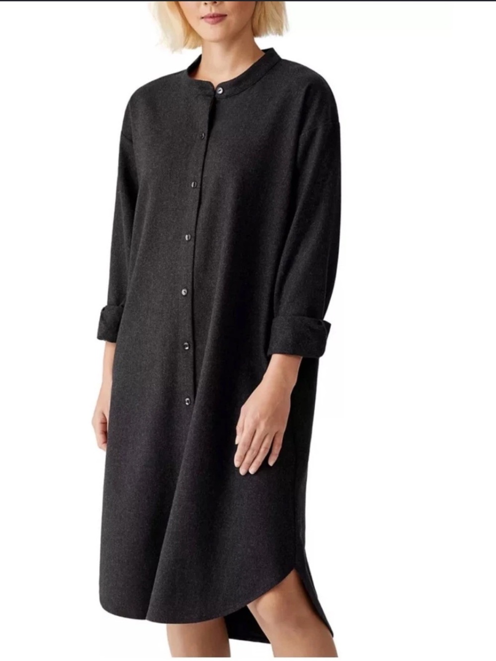 Eileen Fisher Wool Flannel Charcoal Gray Long-Sleeve Button-Front Shirt Dress